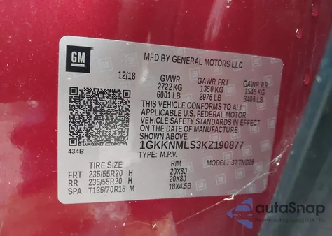 2019 GMC Acadia Slt-1 z USA, uszkodzony, nr VIN 1GKKNMLS3KZ190877